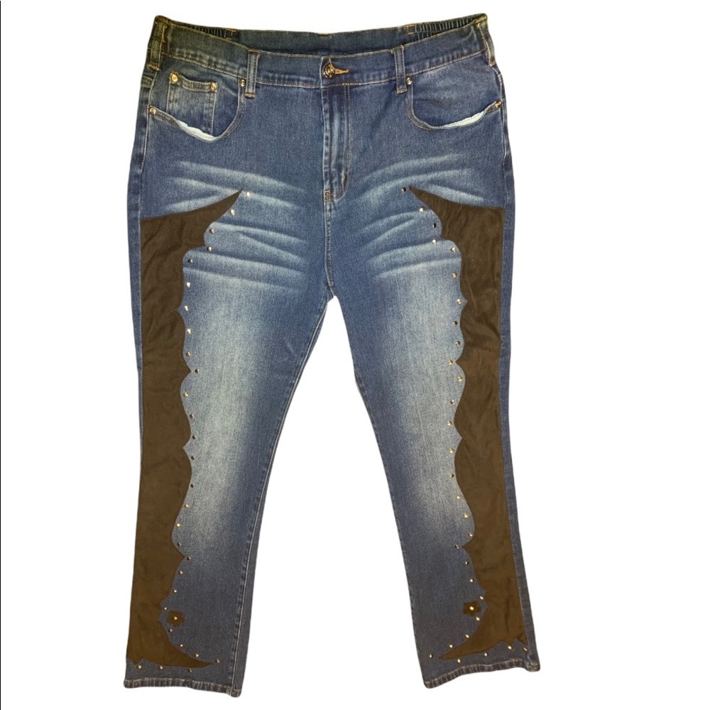 00's Black Velvet Flower Studded Boot Cut Out Denim Jeans